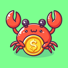 A cartoon crab holding a gold coin, smiling on a vibrant green background.