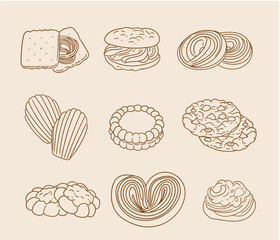 Set of original hand-drawn cookie illustrations in a linear minimalist style. Vector illustrations of cookies suitable for posters, bakeries, cafe menus, and graphic design.