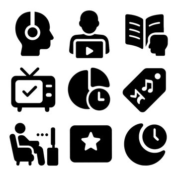 Media Consumption Icons. Solid style icons of media consumption segmentation: podcast listener, video viewer, reader profile,