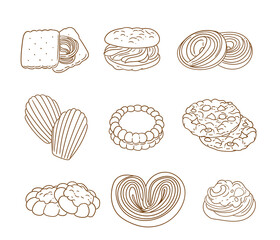 Set of original hand-drawn cookie illustrations in a linear minimalist style. Vector illustrations of cookies suitable for posters, bakeries, cafe menus, and graphic design.