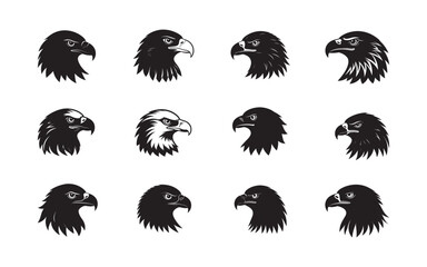 Black Silhouettes of Eagle Heads Displayed in Various Fierce and Majestic Designs

