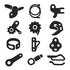 Bicycle Parts Icons. Solid style icons of bicycle parts: gear shifter, shift cable housing, cable tensioner, cable stop, chain