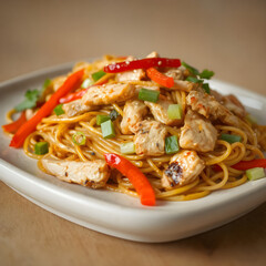 Chow mein colorido en estilo gastron&oacute;mico profesional