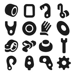 Fototapeta premium Bicycle Parts Icons. Solid style icons of bicycle parts: gear housing stop, frame vent port, brake booster arm, shift cable anchor