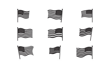 Nine variations of a black and white American flag icon


