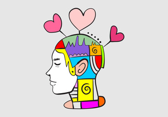 abstract human head in profile with colorful internal segments and floating pink hearts