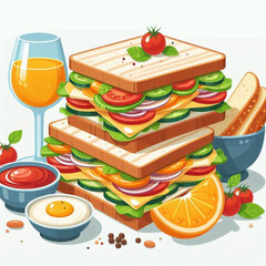 Towering sandwich art bread veggies cheese  orange slice against a clean backdrop