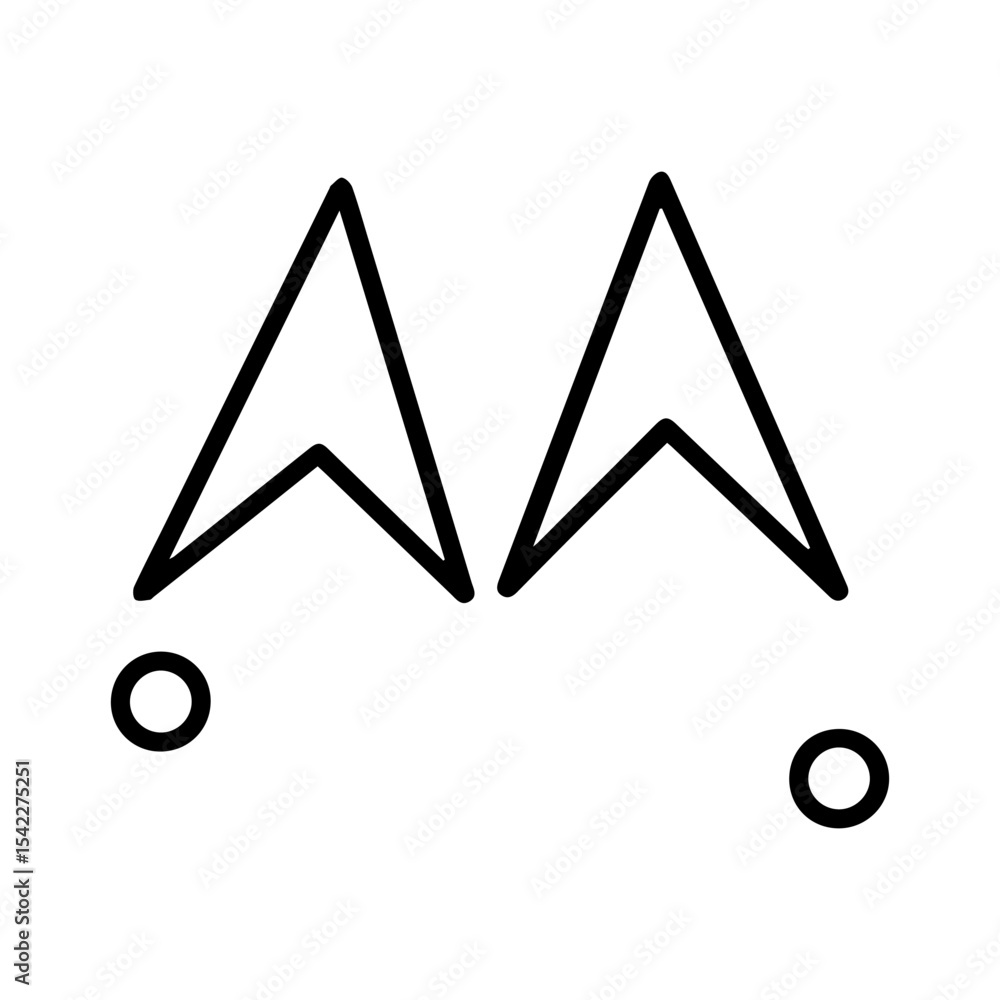 Poster two angular shapes resembling as with circles below set against a white background