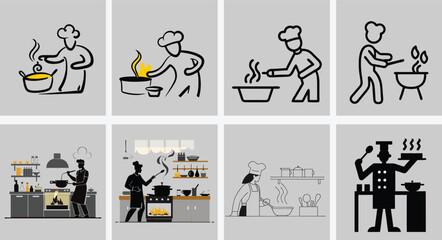 Chef Cooking in Kitchen Silhouette Illustration