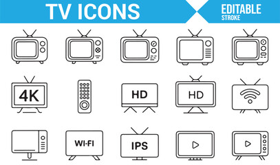 Simple Line Art TV Icons for Home Entertainment and Media Display