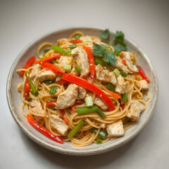 Chow mein dorado con pollo y pimientos al wok