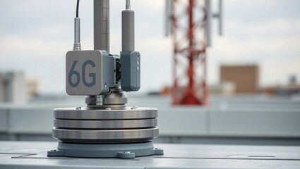 Close-up view of a sleek futuristic 6G telecommunication antenna mounted on a rooftop with blurred urban background, symbolizing advanced wireless technology and connectivity.