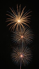 Three golden fireworks bursts in night sky, vertical composition