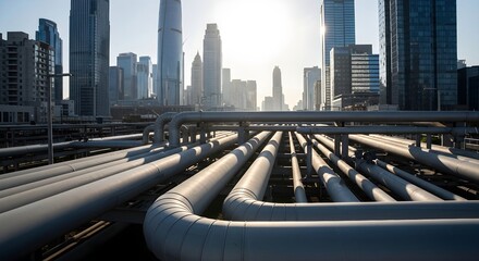 Infrastructure of pipes leading towards a modern city skyline with tall buildings under hazy sky. Industrial network supplying urban area concept.