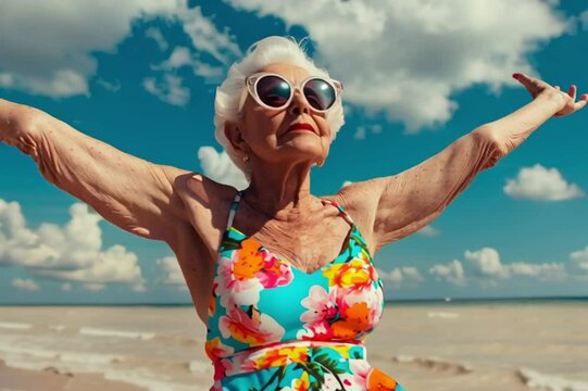 Dance of Victory. Grandma in a bikini in the sun, reflecting confidence, maturity and authenticity on the beach. Ideal for retirement, lifestyle, travel and tourism themes	