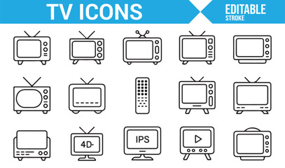 Line Art Icons for TV and Entertainment: 4K, HD, Remote, and WiFi Symbols