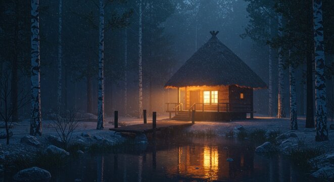 Cozy cabins warm glow in snowy forest - Powered by Adobe