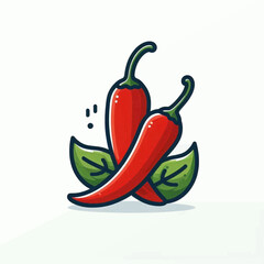 Two red chili peppers lie upon green leaves A black outline traces each item