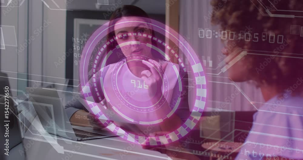 Aufkleber colleagues pointing tablet data and reviewing business metrics via holographic chart updating