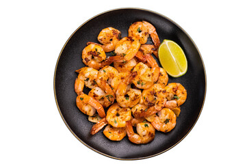 BBQ roasted Shrimps Prawns in a plate isolated on white background.