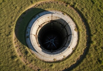 Large circular structure with a propeller located in a grassy field observed from above