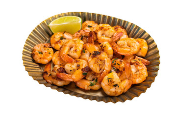 Roasted Shrimps Prawns in a metal plate isolated on white background.