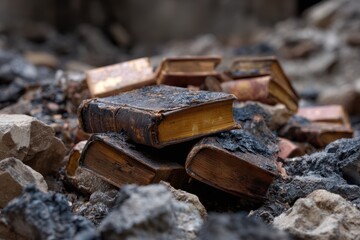 Burned books scattered across rubble of destroyed library