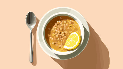 Bowl of lentil soup with lemon slice on peach background Nutrition and diets