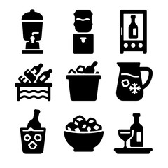 Beverage Cooling Icons. Solid style icons of beverage cooling and serving: drink dispenser, water cooler, wine fridge, chill rack,