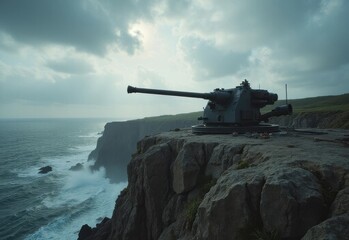 Historic coastal artillery overlooking rugged cliffs and turbulent sea during a dramatic sky