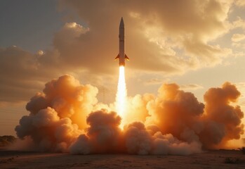 Rocket launch at sunset showcases powerful ascent against a dramatic sky