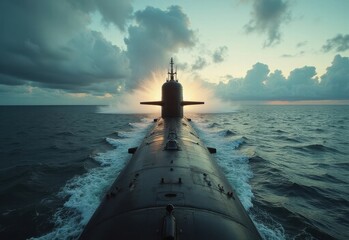 Submarine navigates through turbulent waters at sunset, showcasing advanced military technology in a dramatic setting