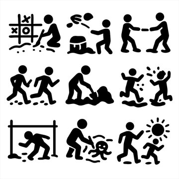 Beach Game Icons. Solid style icons of beach games and activities: sand tic-tac-toe, shell toss, towel tug, beach relay, treasure