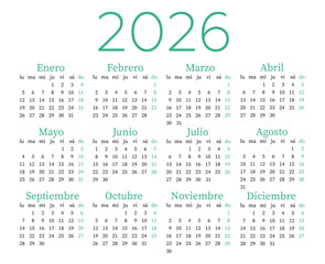 Spanish calendar template for the year 2026. Week starts on Monday.