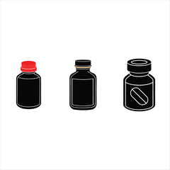 A vector illustration of a set of isolated transparent plastic and glass medical laboratory containers, including cosmetic bottles, jars, vials with caps, and pharmaceutical drug objects for health