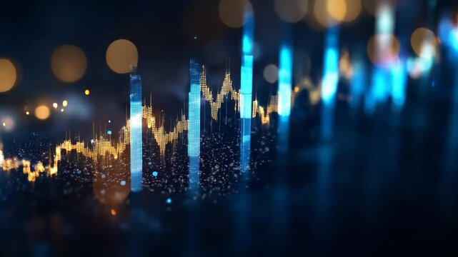 Futuristic digital stock market chart pulses with glowing bars and lines, camera stays almost static while graph elements move dynamically in tech finance theme
