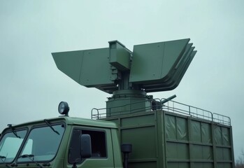 Military vehicle equipped with advanced radar system showcased in an outdoor setting during overcast weather