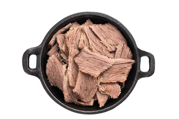Boiled and sliced beef meat with spices and herbs isolated on white background