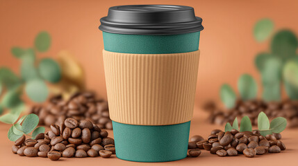 Craft takeaway coffee cup, paper cup, on table with coffee beans