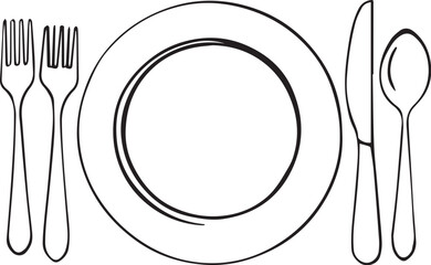 minimalist black and white dining utensils layout — hand-drawn place setting illustration for culinary and hospitality themes