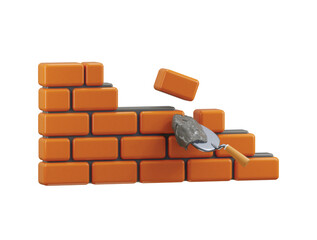 Trowel and bricks wall plaster icon 3d render concept of construction equipment icon vector illustration