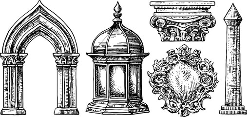 Fototapeta premium Intricate gothic arches and egyptian obelisk architectural elements for design inspiration