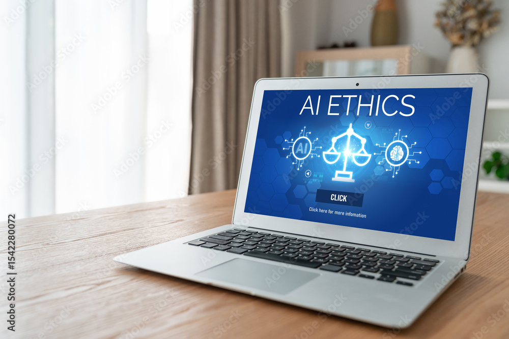 Poster ai ethics responsibility standard law and rules on computer screen provide report of ai ethic transp