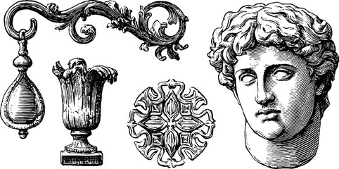 Elegant gothic wall hook and rococo curtain decoration elements for interior design