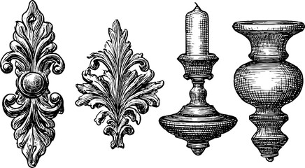 Elegant ornamental set with gothic wrought wall hook and rococo curtain design elements