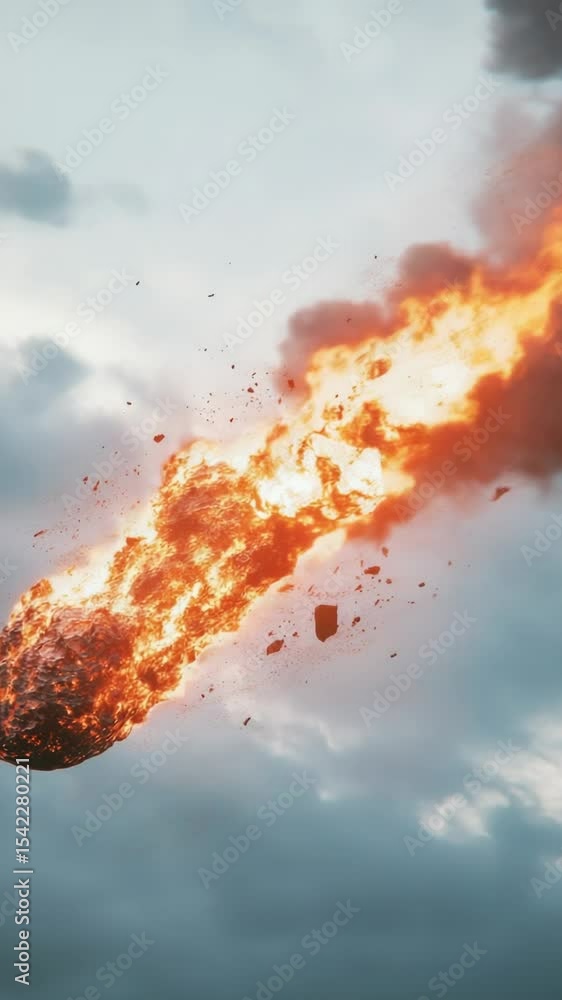Poster a large fireball flying through the air with flames and smoke trailing behind