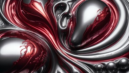 Abstract background. Liquid metal combines with ink in water, silver and crimson swirl, futuristic abstraction, fine texture.