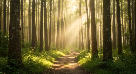 Fototapeta premium Peaceful Forest Trail Illuminated by Morning Sunlight, Misty Woodland Path, Tranquil Nature Landscape, Sun Rays Through Trees, Serene Outdoor Environment, Green Lush Foliage