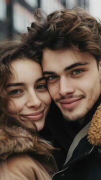 Cute, romantic couple posing with a city backdrop.