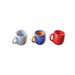 Red and yellow ceramic coffee cups and a single white tea mug with saucer are isolated objects